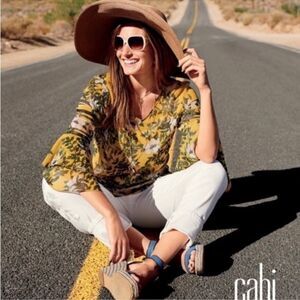 CAbi Scene Blouse Mustard Yellow Floral Sheer V Neck 5518 Small